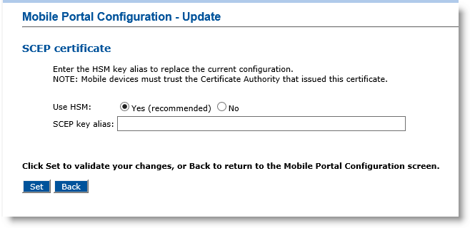 Mobile Portal Configuration - Update dialog box for the SCEP certificate where you can enter the key alias